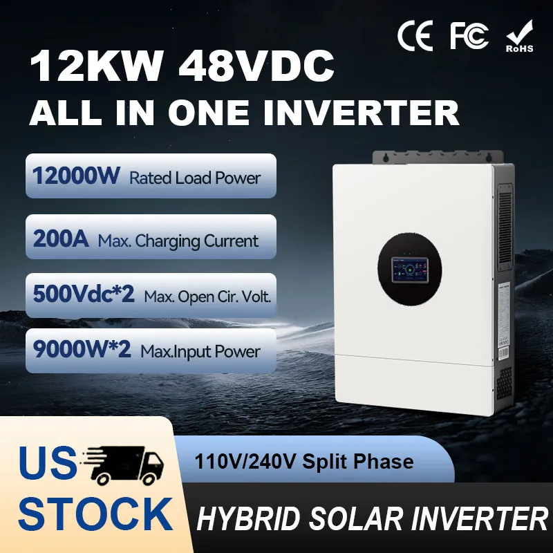 

Гибридный солнечный инвертор 48В 12кВт, 120В/240В, с разделением фаз, контроллер заряда MPPT 200А