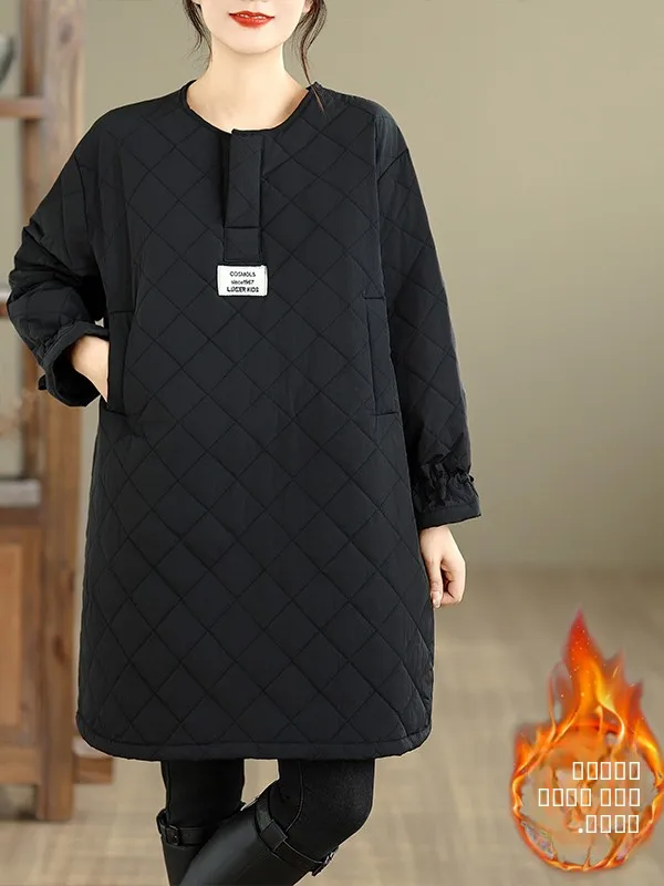 

Winter New Sle Loose Cotton Coat Dr Women's Pure Color Overhead Diamond Pattern Cuff Tie Waist Versatile Casual Faion