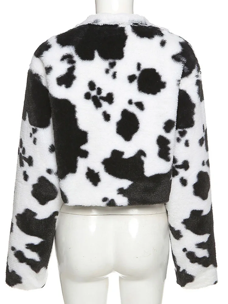 Faux Fur Coat Women Fashion Milk Cow Print Jacket Winter Thick Elegant Warm Fleece Cardigan Jacket Punk Gothic Crop Streetwear