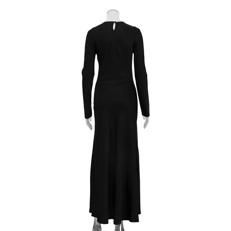 2025 แฟชั่นหลวมชุดซาตินสีดําผู้หญิง Elegant O-คอยาวแขนยาวข้อเท้าความยาวชุดเซ็กซี่หญิงชุดยาว