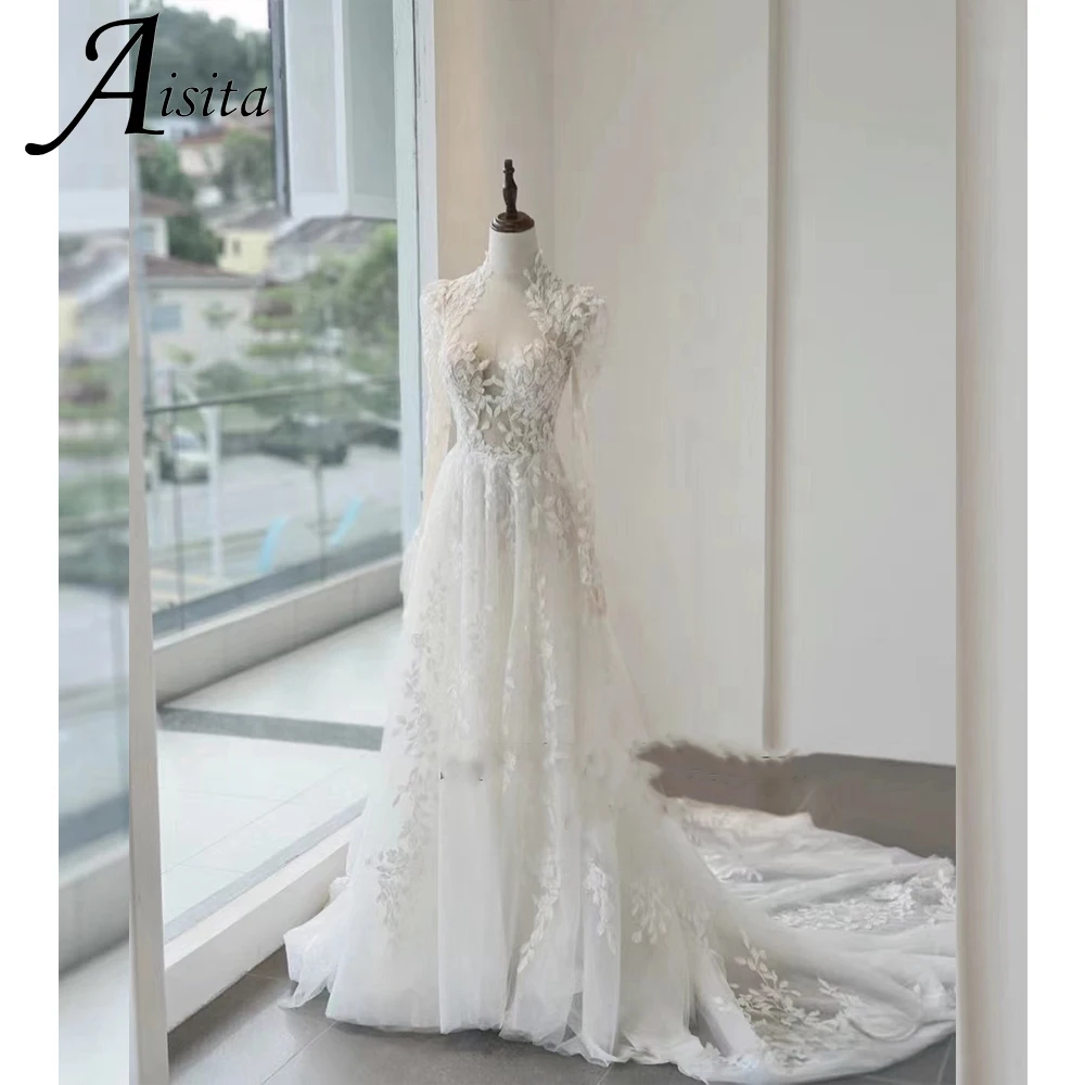 Vestidos De Novia románticos De línea A, apliques De encaje personalizados, vestido De Novia De boda, Vestidos De manga larga para mujer, Vestidos De Novia