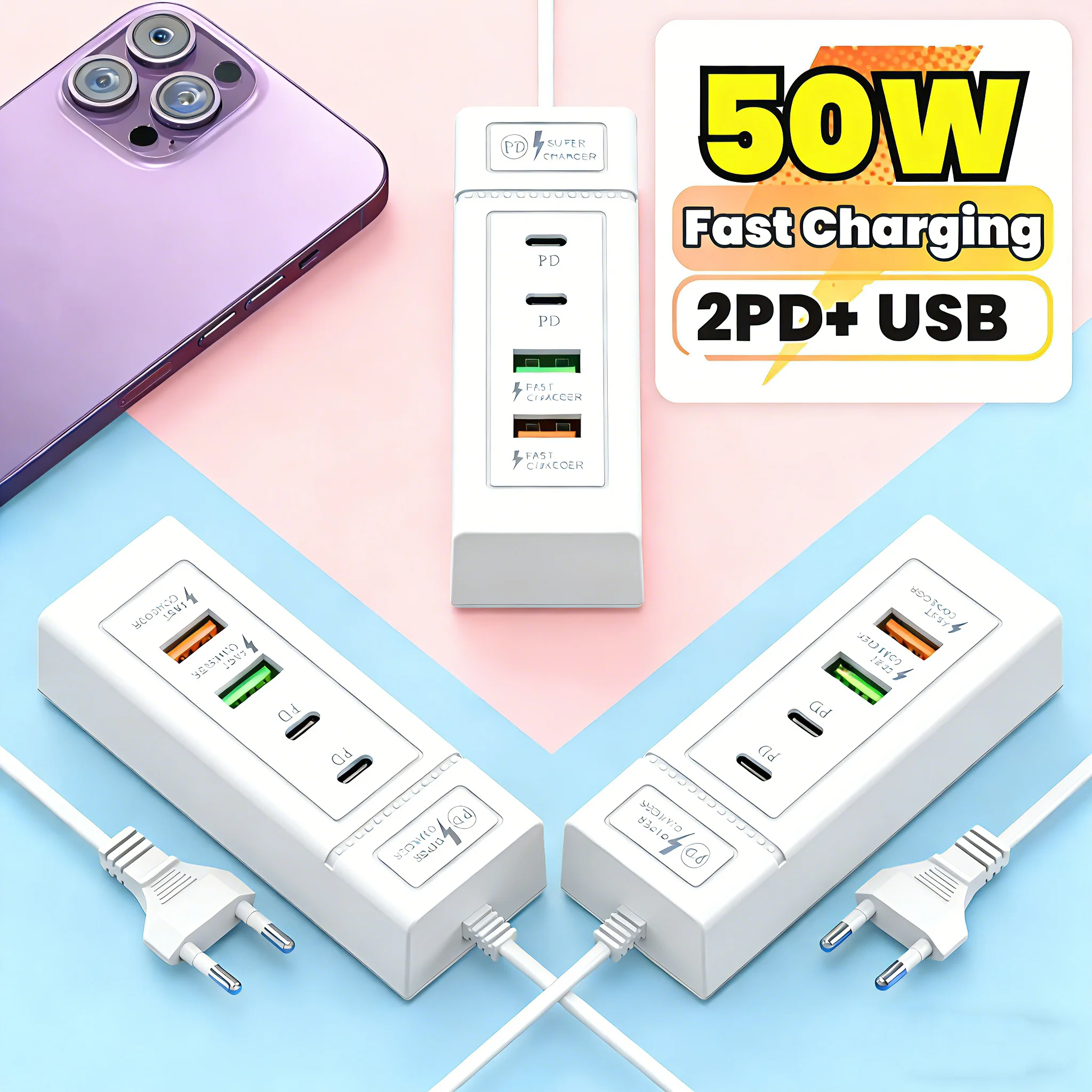 Cargador de Teléfonos Móviles con 4 Puertos de Carga, Enchufe Eléctrico Multifuncional con USB Tipo C, Regleta de Escritorio para Hogar y Oficina