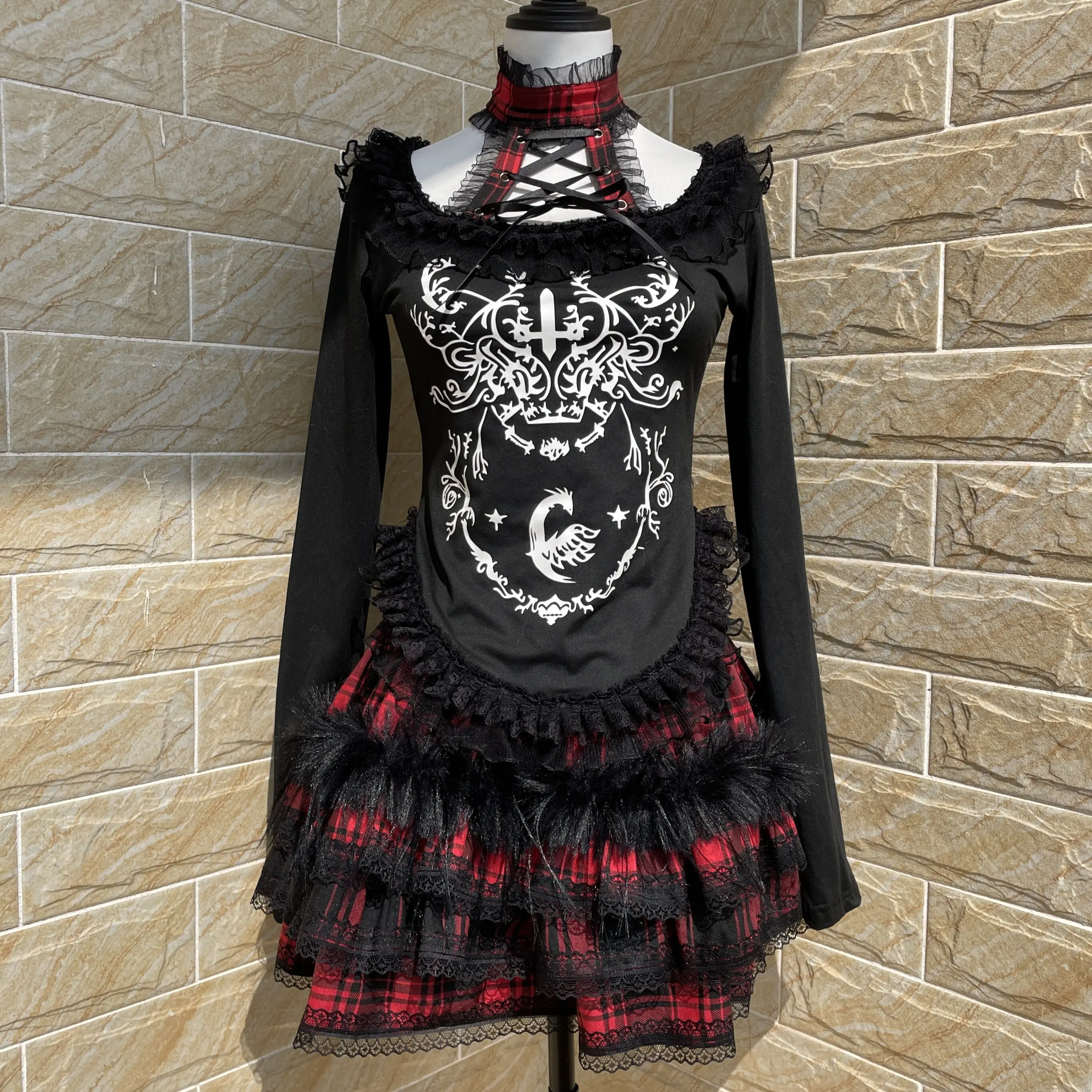 Original Hot Chick Vintage Subcultural Gothic Printed Long Sleeve T-shirt Irregular Mesh Ruffles High Collar Slim Black Top Tees