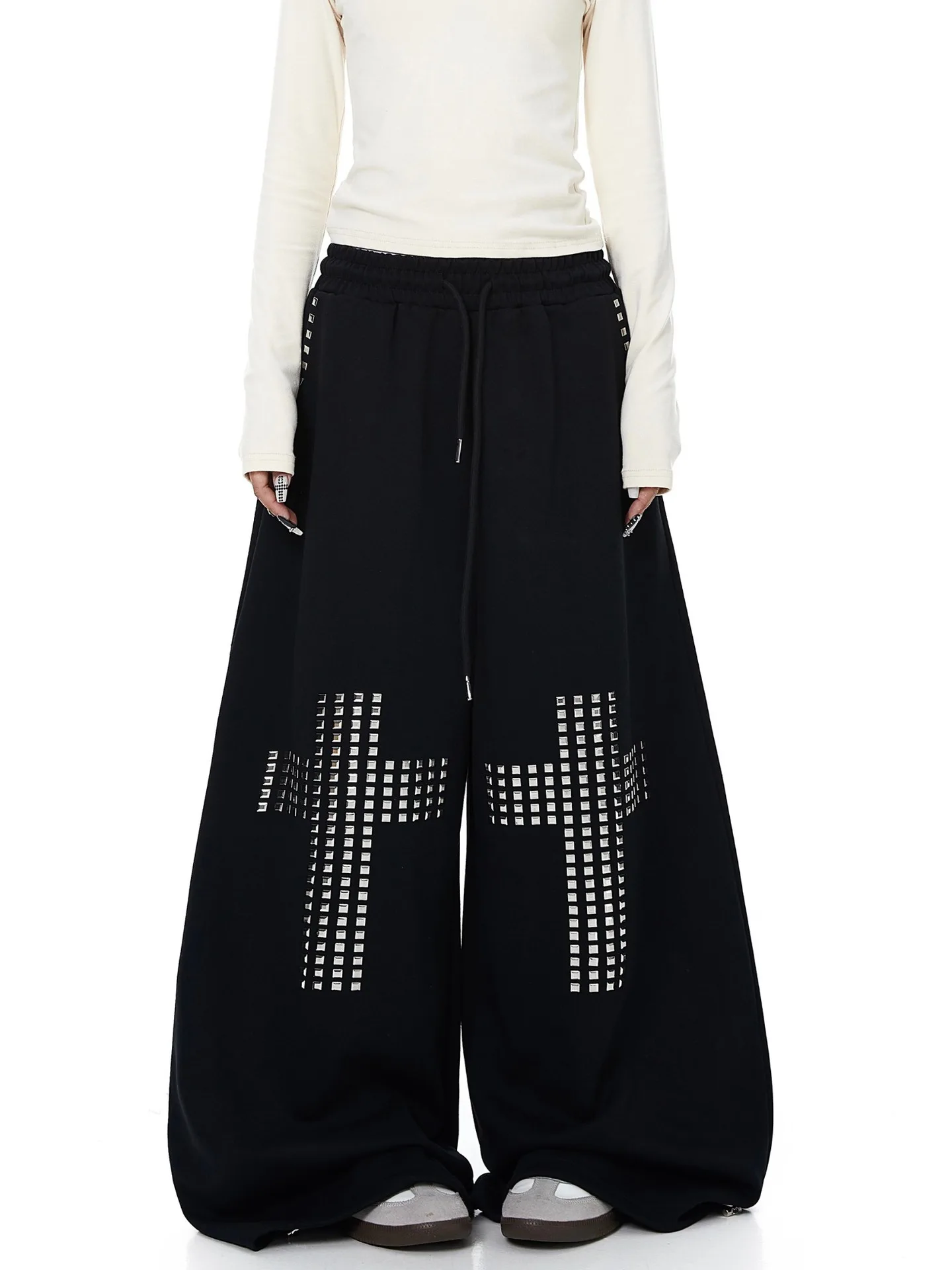 Damen Gothic Strass-Kreuz Weite Jogginghose Y2K Streetwear Hochgeschnittene Lose Baggy-Hose Sommer Mode-Hose Trend