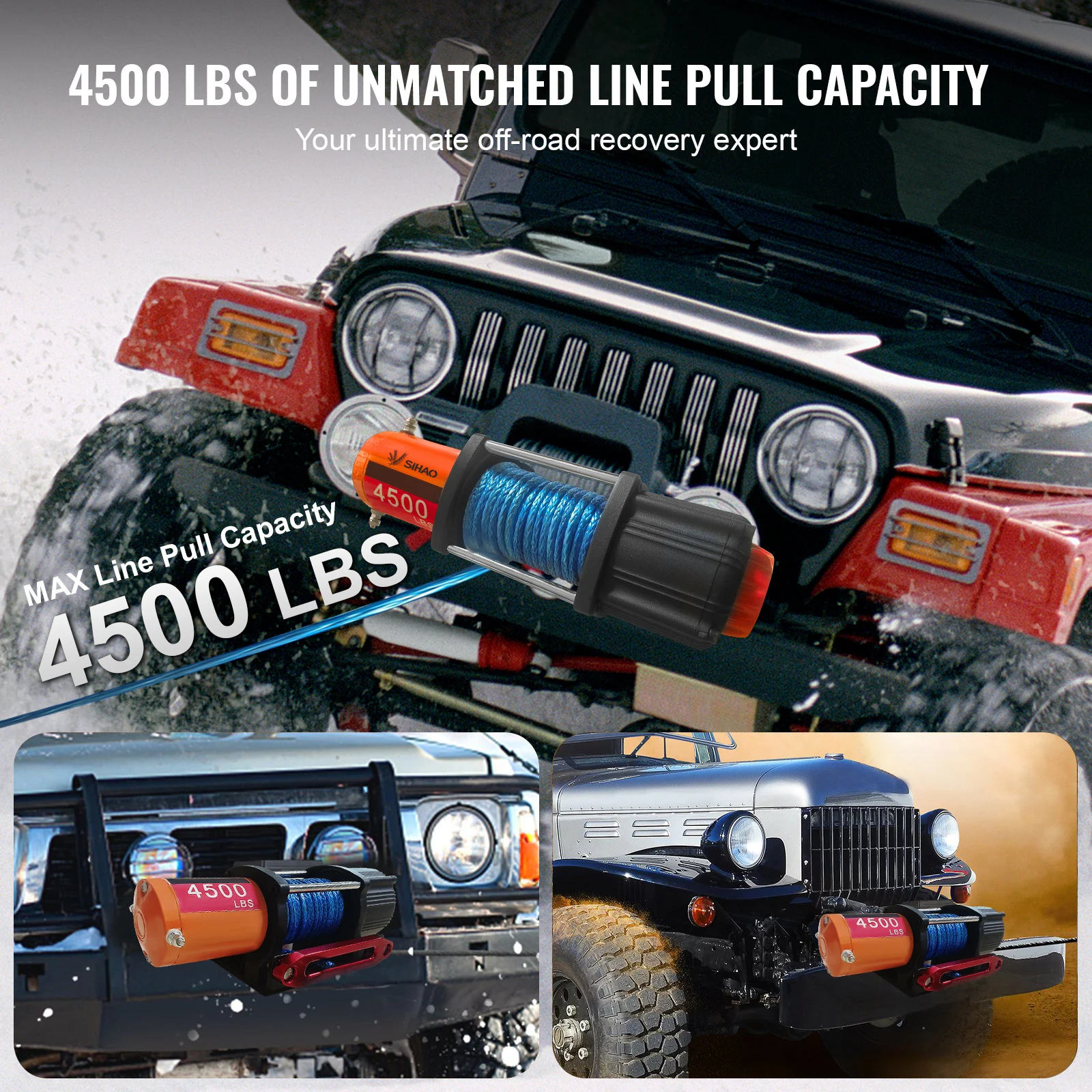

SIHAO Electric Winch 4500lbs ATV/UTV 12V Synthetic Rope Wireless & Wired Remote Control IP55 Waterproof for Jeeps CarsTrucks