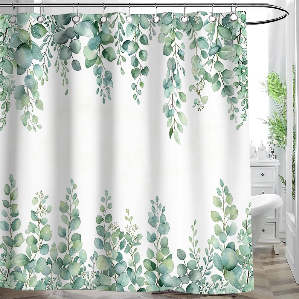 Tropical Greenery Leaf Shower Curtain Tulip Bathroom Curtain Romantic Refreshing Curtain Polyester Waterproof Bathroom Shower