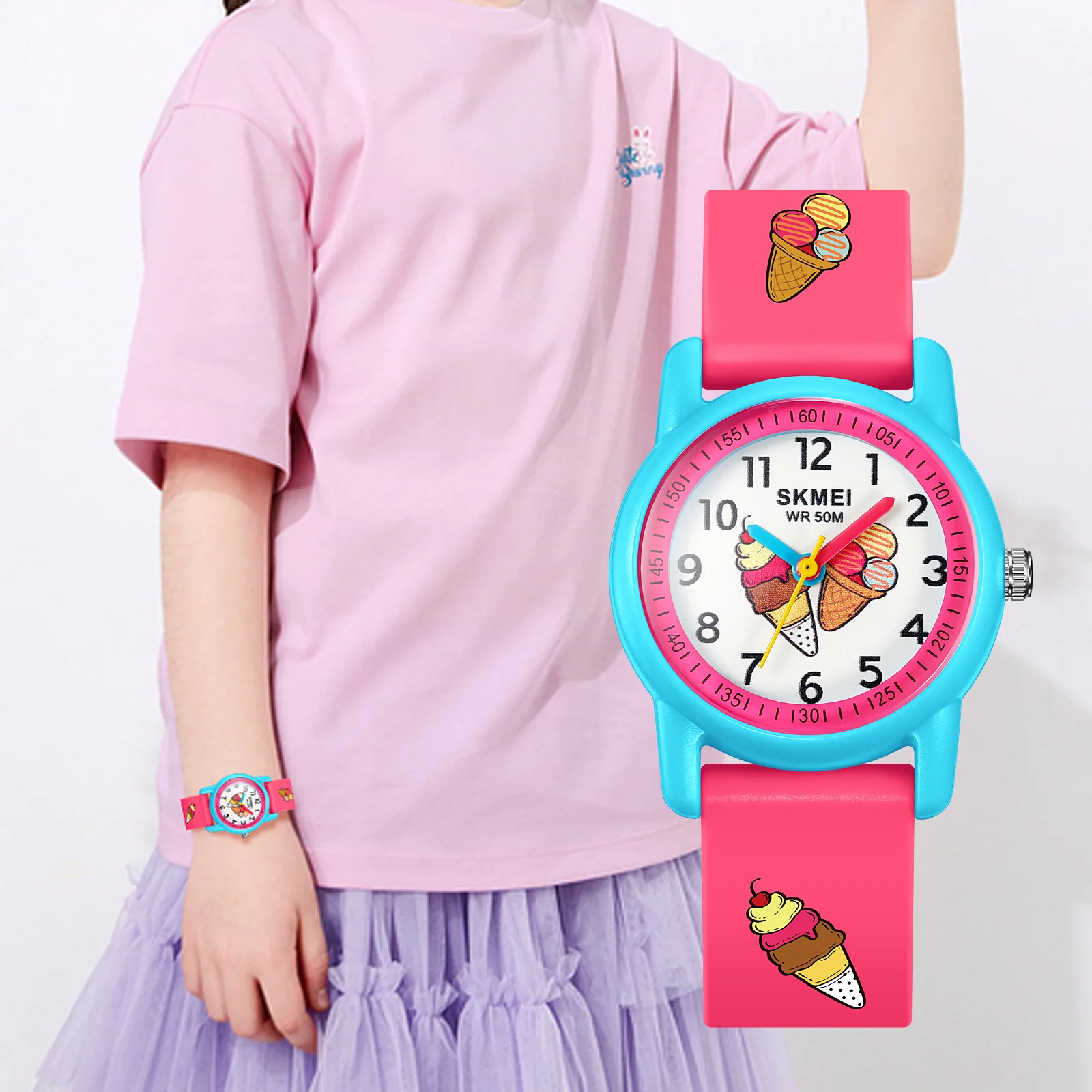 SKMEI Lovely Cartoon Style Quartz Watch Children Fashion Colorful Macaron TPU Band Watches Boy Girl Ultra-Thin Small Dial Clock