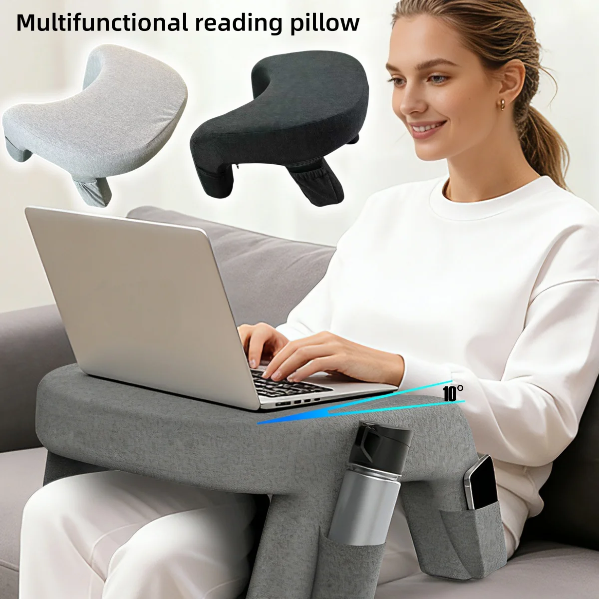 Multi-Functional Reading Pillow Lap Desk with Cup Holder And Side Pocket for Bed Sofa Ideal for Reading Working Gaming