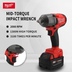 Milwaukee 18V Battery 1300NM Large Torque Cordless Impact Wrench Brushless Electric Impact Wrench Repair Power Tools Car Truck