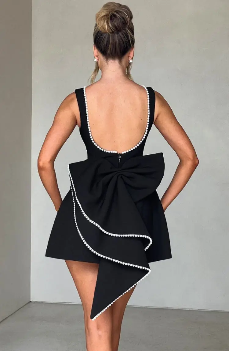 Pearl Bow Backless Sexy Mini Dress Womens Elegant Backless Sleeveless A-line Party Short Dresses White Black Birthday Guest Look