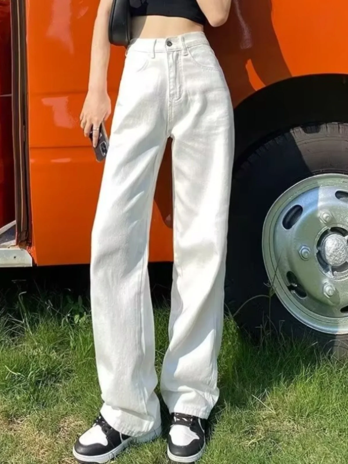 

Прямые свободные женские джинсы с высокой талией, студенческие белые джинсовые брюки, утягивающие широкие длинные брюки Hyu, универсальные
