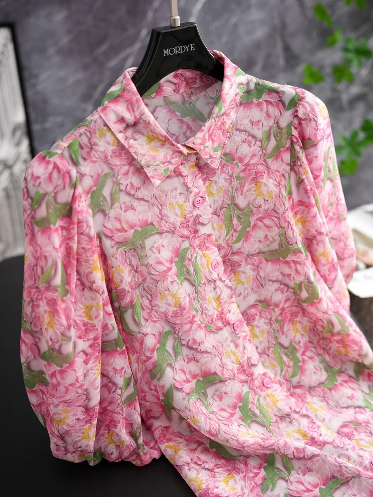 

Stunning Floral Print Silk Bubble Sve irt Vintage ort Sve Silk Top Summer Women's Faion Straight Cut But...