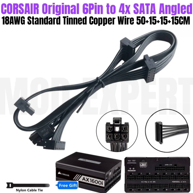 

Original New CORSAIR AX1600i 6Pin to 4 Port SATA Male Angled Hard Disk Drive HDD SSD Power Supply Cable 18AWG 50+15+15+15CM