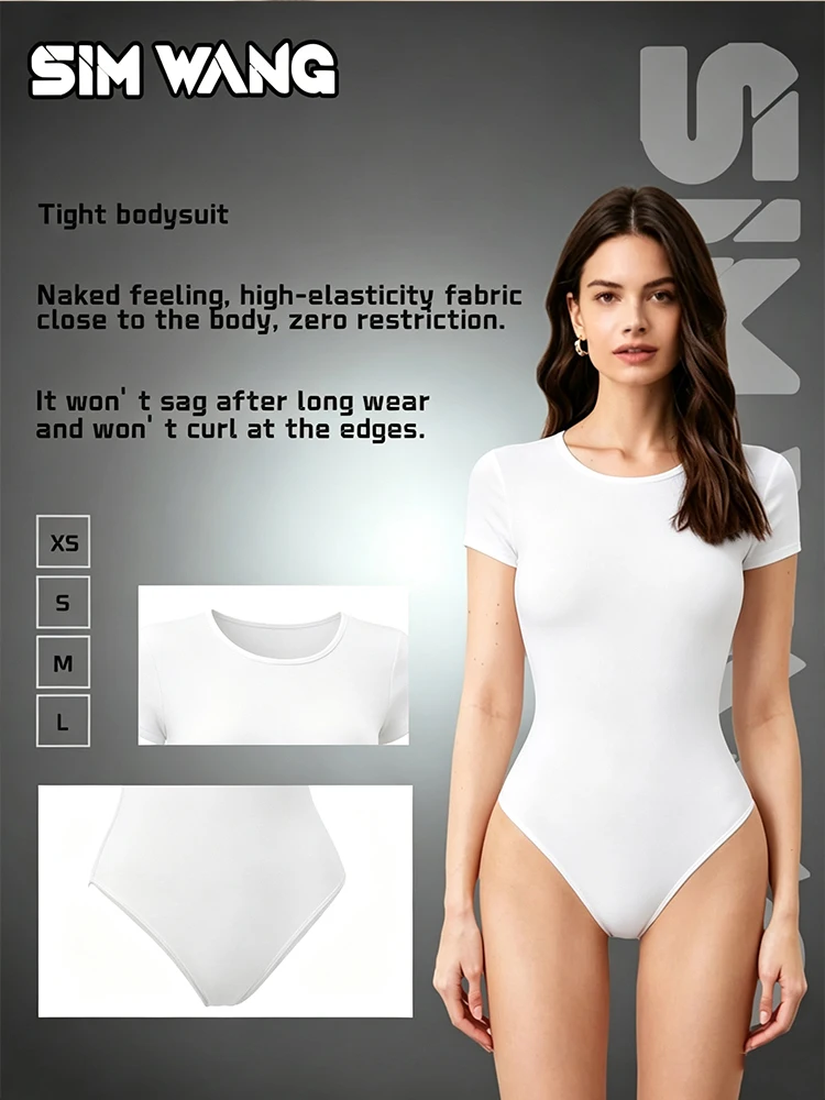Women's Basic White Round-Neck Short-Sleeved One-Piece Dress, Elastic Ribbed Fitted Short-Sleeved One-Piece Top