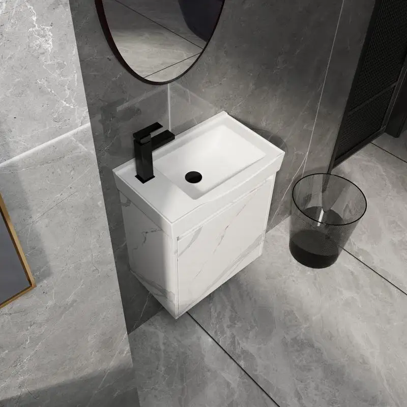 حمام مثبت على الحائط مقاس 20 بوصة مع حوض سيراميك ومجموعة خزانة تخزين، تتميز بأبواب للتخزين المضاف