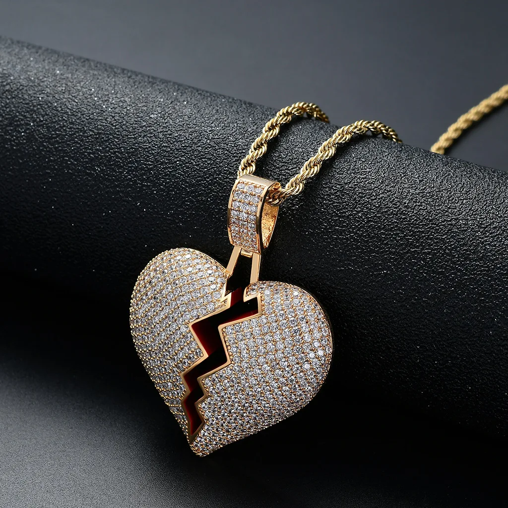 Ailodo Hip Hop Broken Heart Necklace For Women Men AAA+ Cubic Zirconia Iced Out Pendant Necklace Copper CZ Jewelry Girls Gift