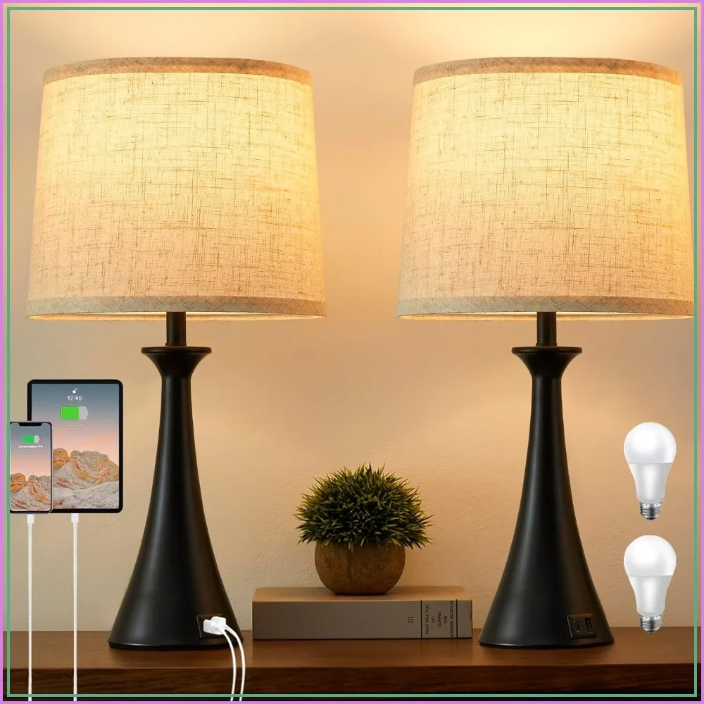 21" Touch Table Lamps Set of 2 with USB Charging, 3-Way Dimmable, LED Bulbs Included, Black