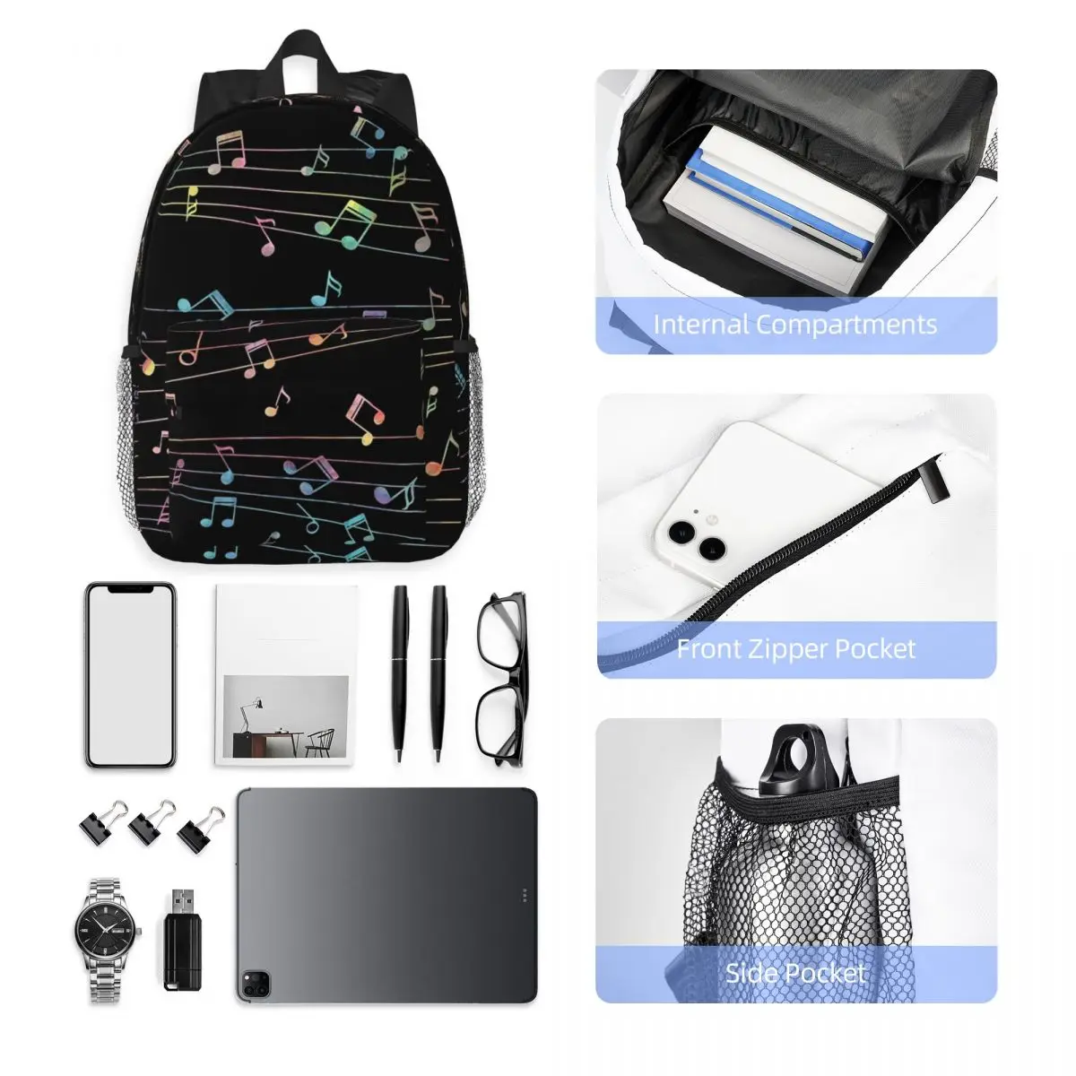 Music Notation Musical Notes Backpack Student Boys Girls BookBag Men Women School Bag Computer Shoulder Bags