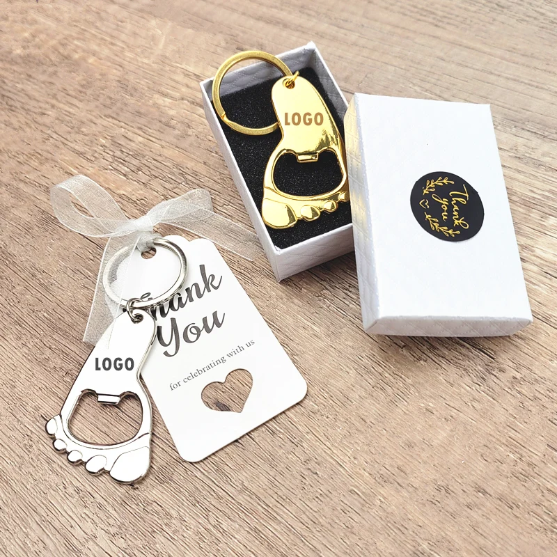 Personalisierte Babyparty-Geschenke, goldener fußförmiger Schlüsselanhänger, Flaschenöffner, Gastgeschenk zur Taufe, Feier, Party, Souvenir, Geschenke für Gäste – Detail 7