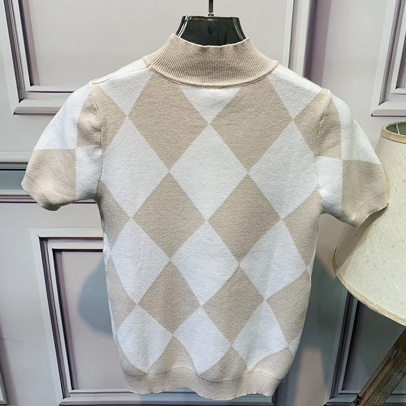 2022 Spring Short Sleeve Half Turtleneck Knitting T-Shirt Men Slim Diamond Plaid Knitted Bottoming Shirt Social Club Outfits