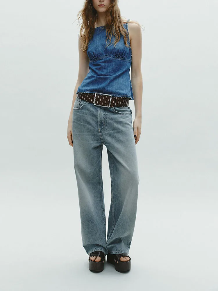 봄 신상 여성 섹시하고 다재다능한 얇은 스트랩 스트레이트 칼라 백리스 데님 탑 출퇴근 스타일 솔리드 컬러 싱글 피스