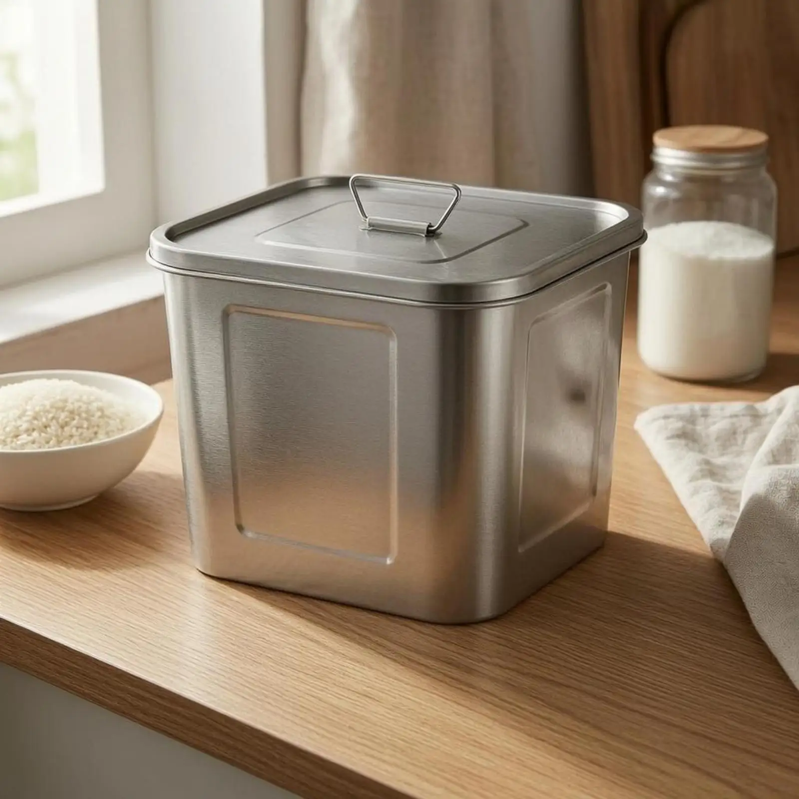 Stainless Steel Bucket Attached Lid Square Steel Bucket Flat Sides Metal Pail