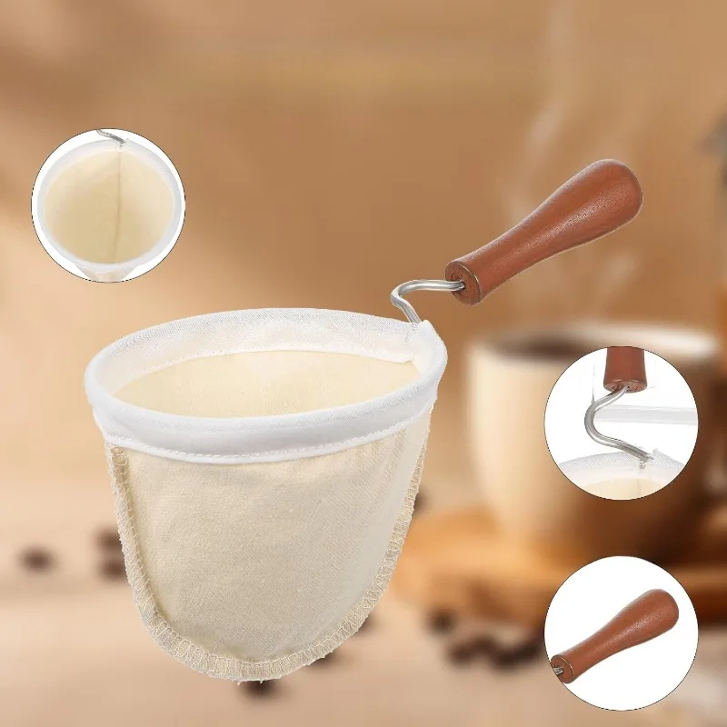 Coffee Sock Filter, Washable Coffee Strainer Cloth ,Reusable Cloth Coffee Filters with Wooden Handle for Handmade Coffee-Lovers