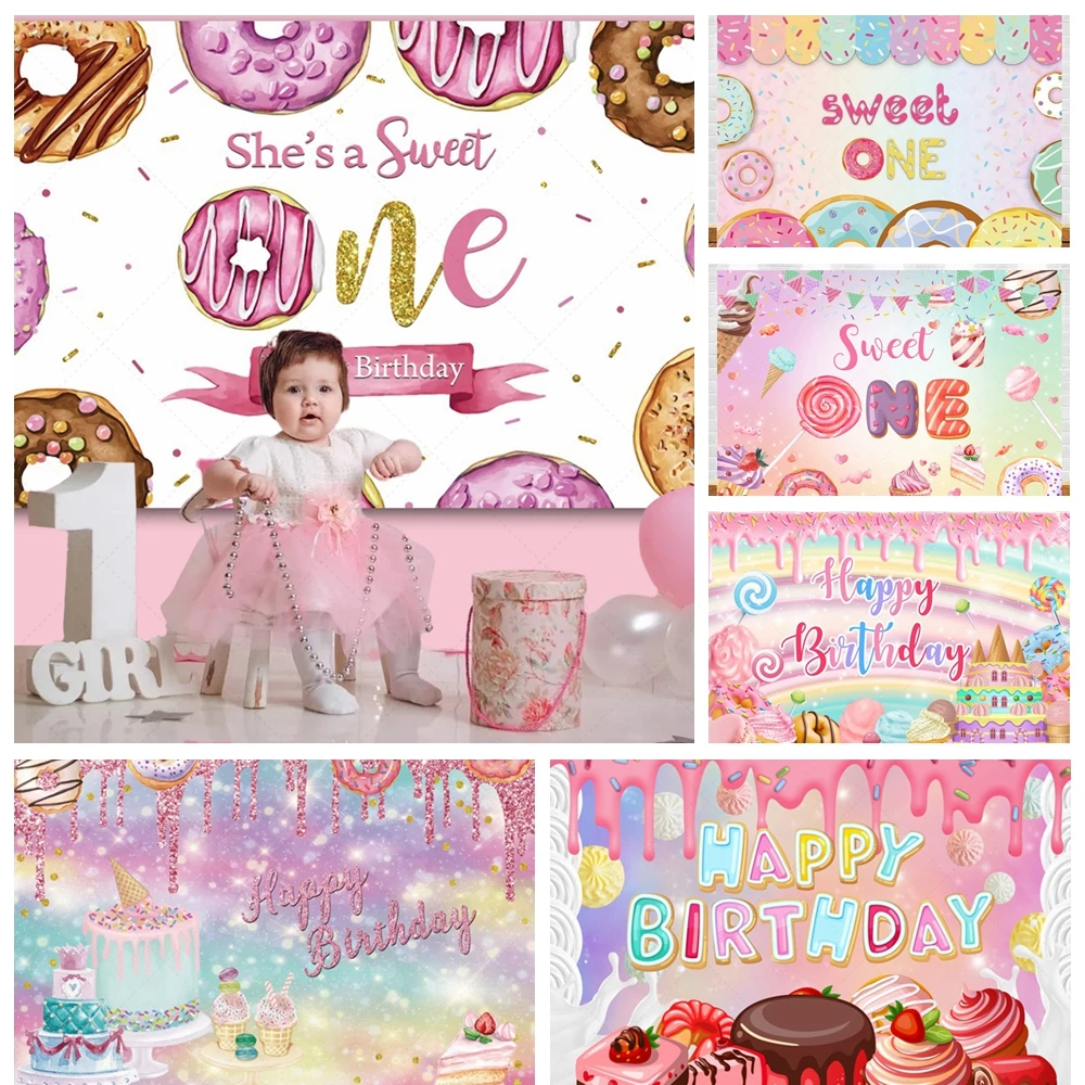 

Candy Bar Theme Photography Background Sweet Baby Birthday Donut Ice Cream Cake Children's Party Banner Decoration Photo Props