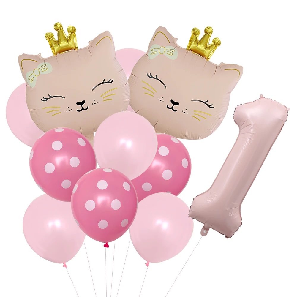 11 Pcs Pink Cat Crown Party Balloons Pet Cat Balloon Girl Baby Shower Birthday Party Decorations Kids Classic Toys Air Gift