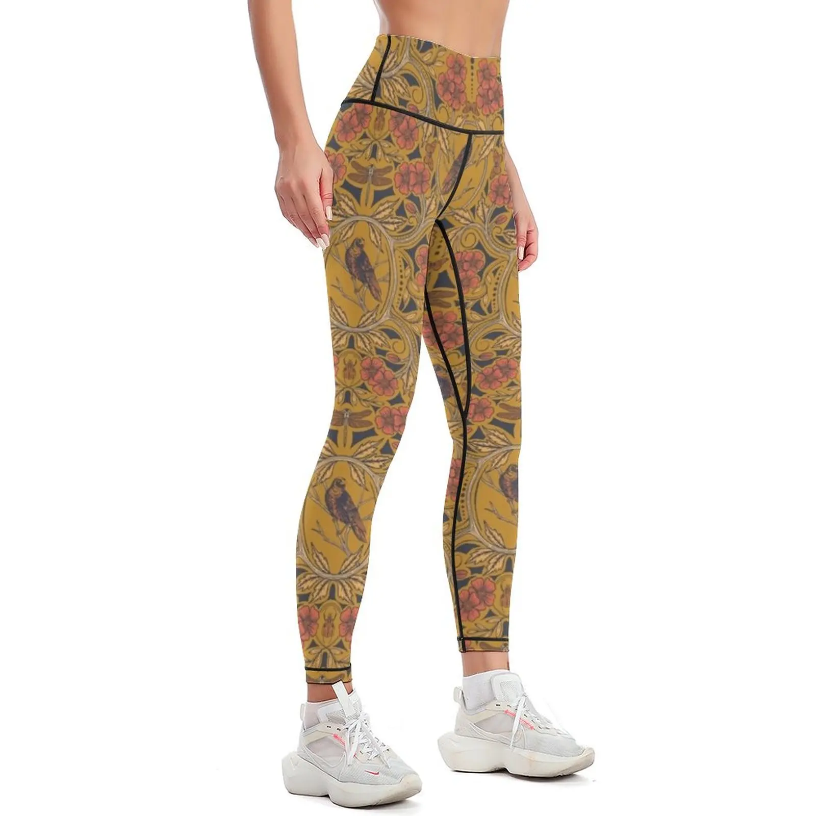 Warm Mustard Yellow & Orange Crow & Dragonfly Floral Leggings push up tights for push up legging Womens Leggings