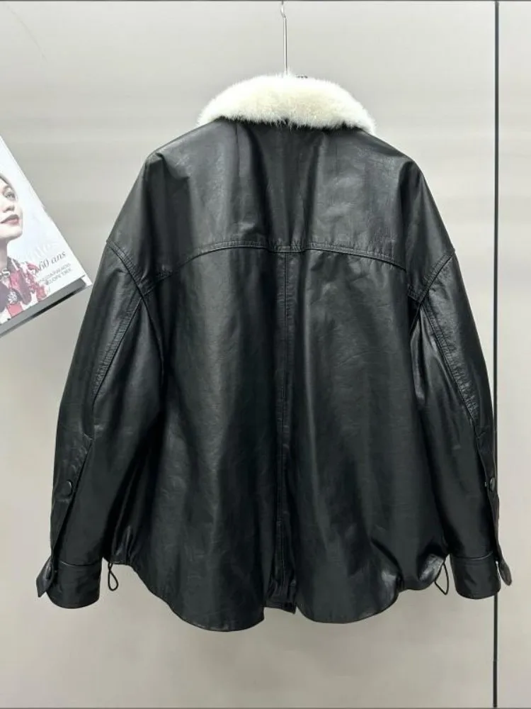 Women Winter Genuine Leather Down Coat Loose Fit Casual Medium Long Outwear Single Breasted Oil Wax Cowhide Warm Fashion Jacket