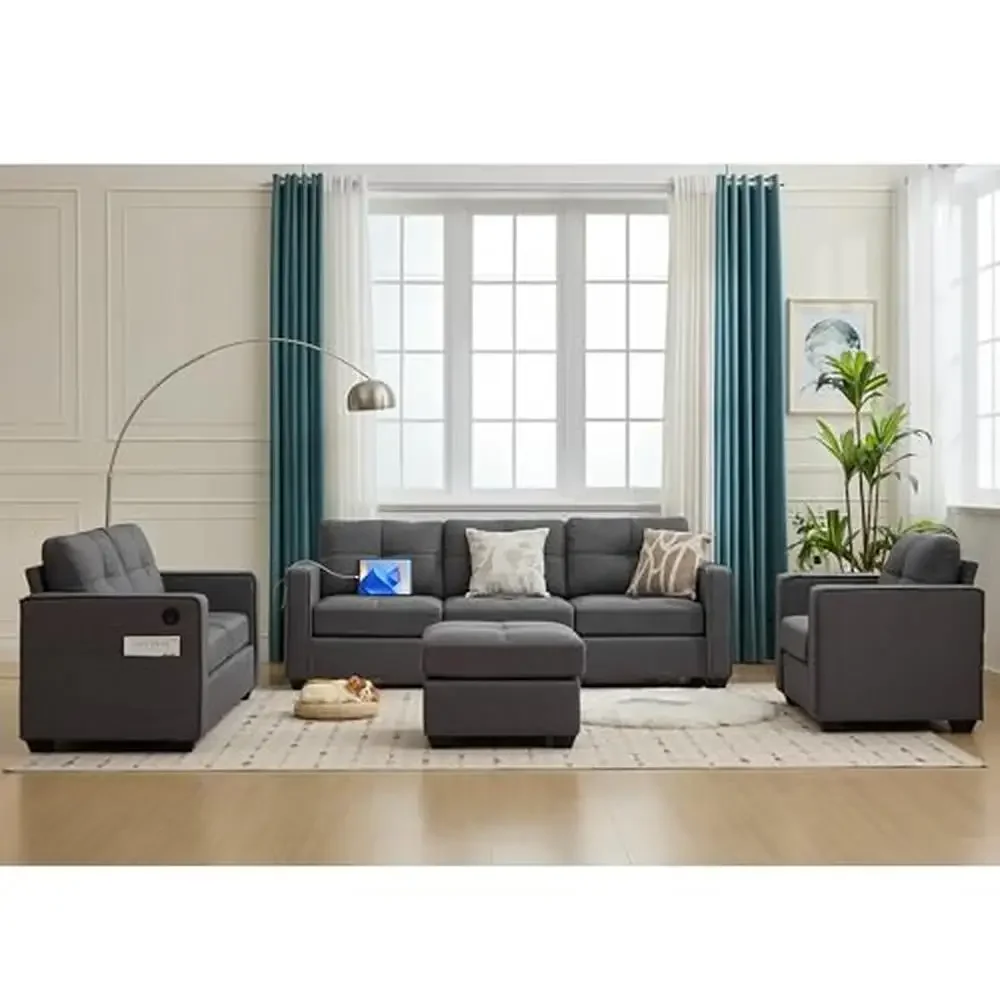 Modular Convertible Sofa Set Comfy Living Room Furniture with Ottoman and USB Charging Feature High Quality Sponge & S-Type