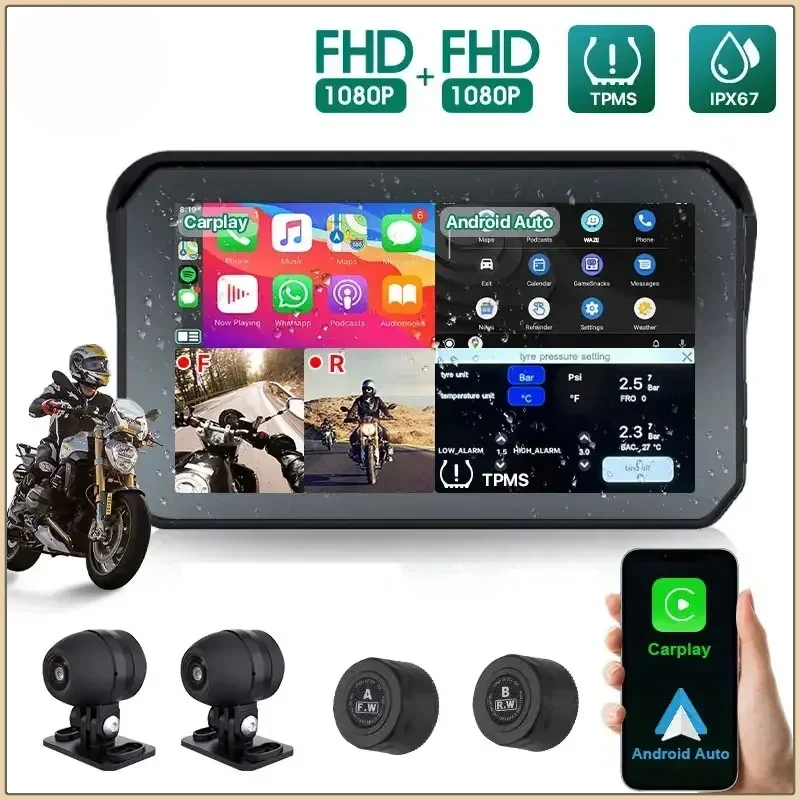 5 Inch Portable Motorcycle Carplay Monitor Waterproof Motorbike Navigation Android Auto Bike Monitor DVR Recording Wireless TPMS