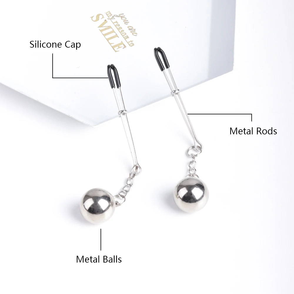 Nipple Clamps Metal Ball with Weights Adjustable Tweezers Clip Silver Breast Clips Adult Sex Toys for Women and Couples Pleasure