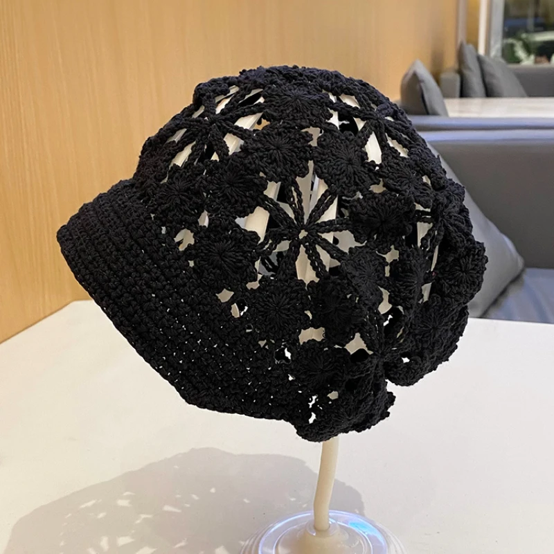 Spring/summer Hollow Baotou Hat Female All-matching Face Small Sleeve Hat Thin Breathable Hand-hooked Flower Baotou Hat Beret