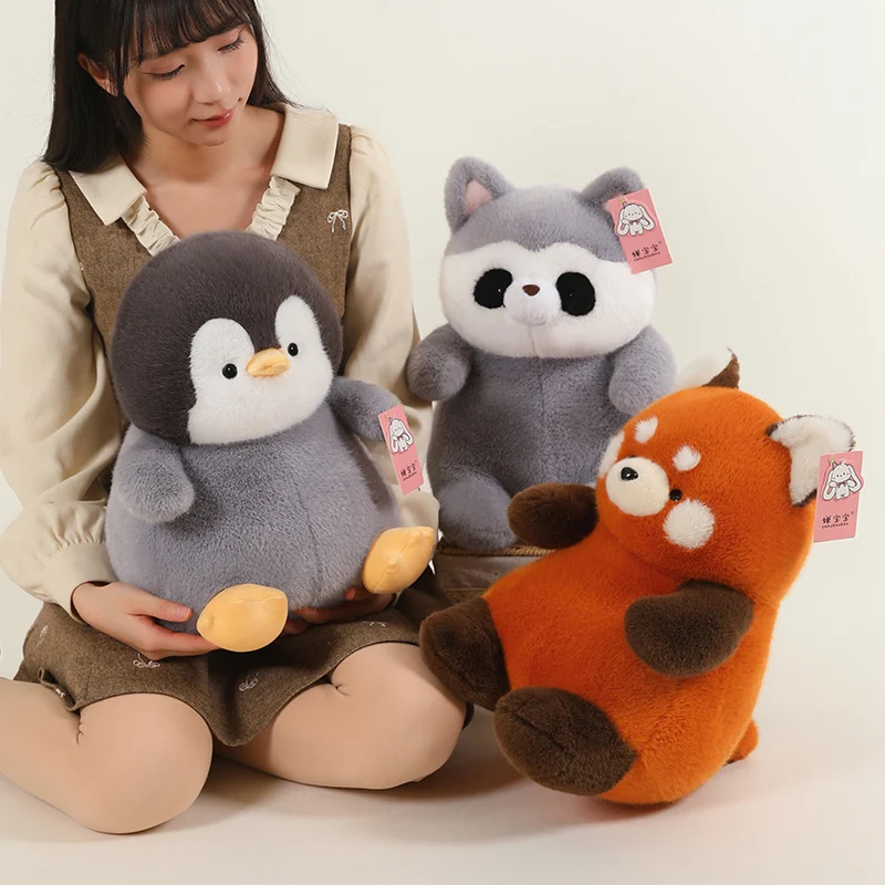 Cute Chubby Plush Animal Set Penguin Pig With Crocheted Party Hats And Bib Collar Accessories Soft Gentle Creative Adorable