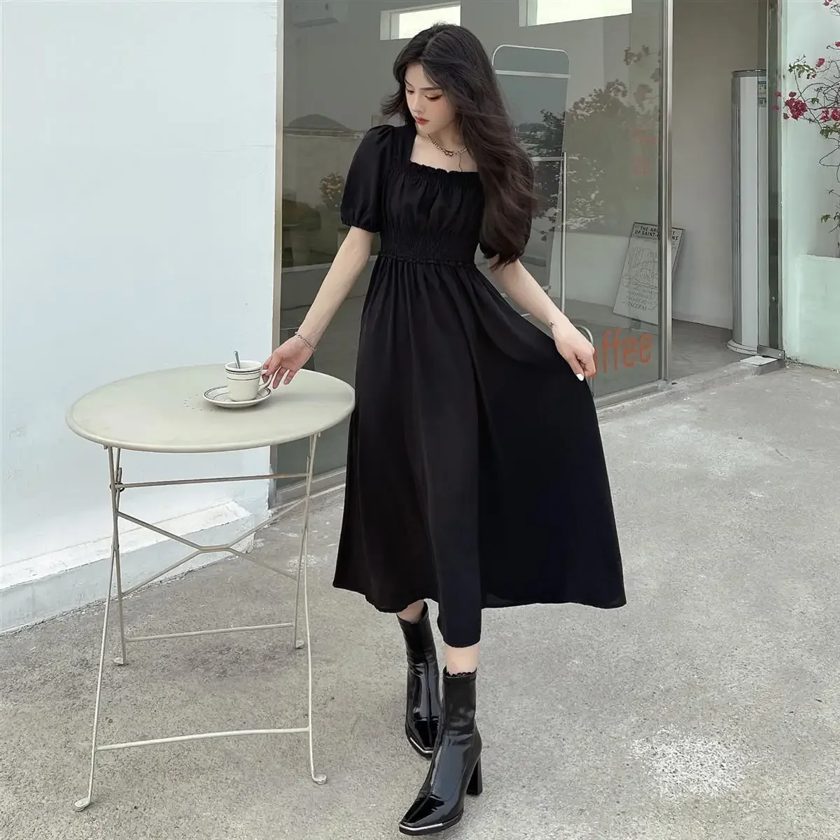 

Spring Summer Women Black Elegant Long Dress Retro Loose Sweet Square Collar Female Dress Korean Casual Women Dresses