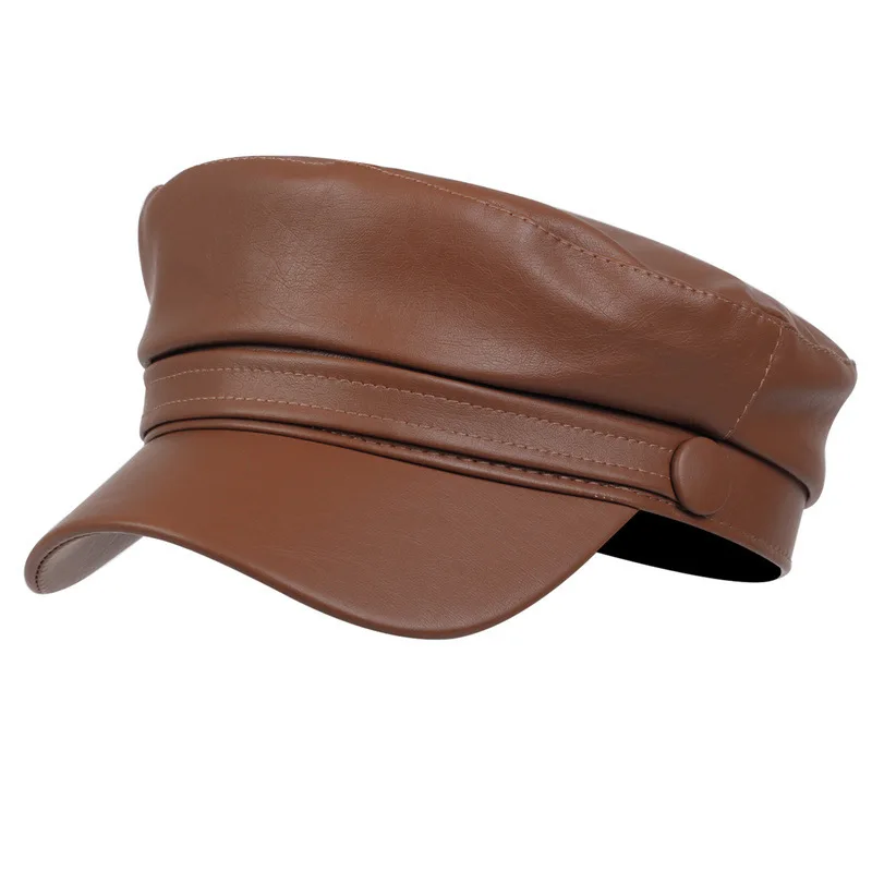 Pu Leather  Solid Color Army Cap Spring and Autumn Outdoor Casual Adult Sun Hats Hip Hop Hat Sunscreen Hat Sports Cap