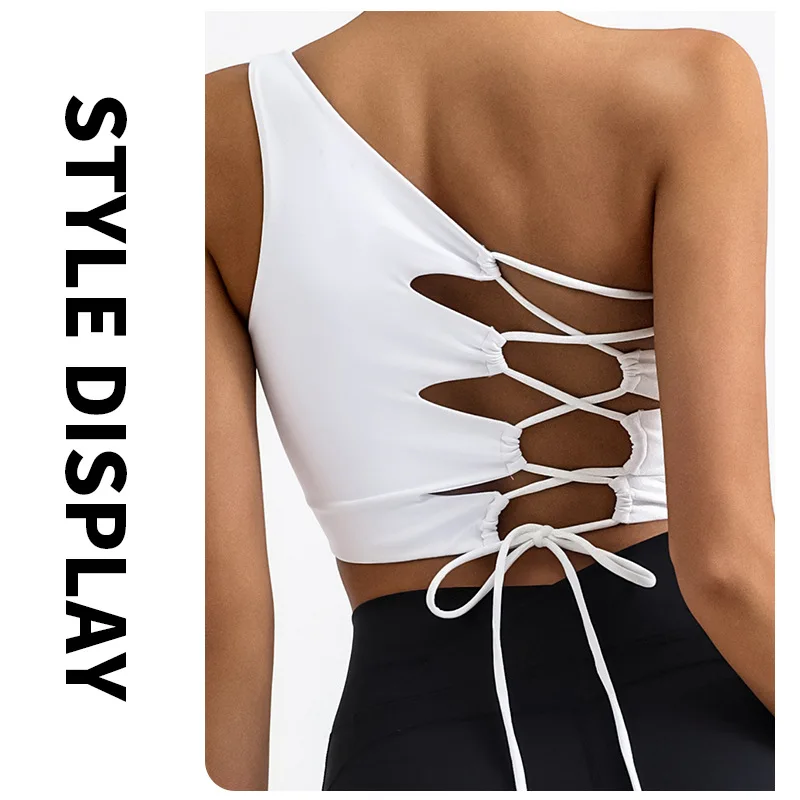FUBEIKE Gym Tops Sexy Bra Women Yoga Vest Irregular Shoulder Beauty Back Lace-up Nude Feel With Chest Pad Sport Yoga Wear Ladies