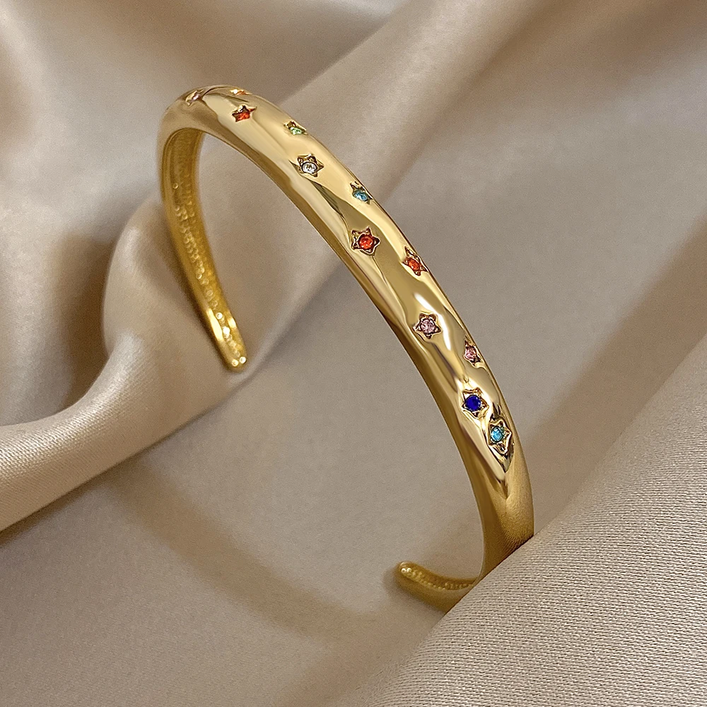 Glossy Geometric Stainless Steel Cuff Bangle for Women Fashion Colorful Star Zircon Wide Bracelets Waterproof Jewelry