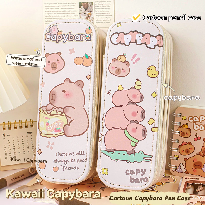 Kawaii Capybara Lápis Cases, Grande Capacidade, Dupla Camada, Saco Lápis, Bolsa, Caixa Titular, Material Escolar e de Escritório do Estudante