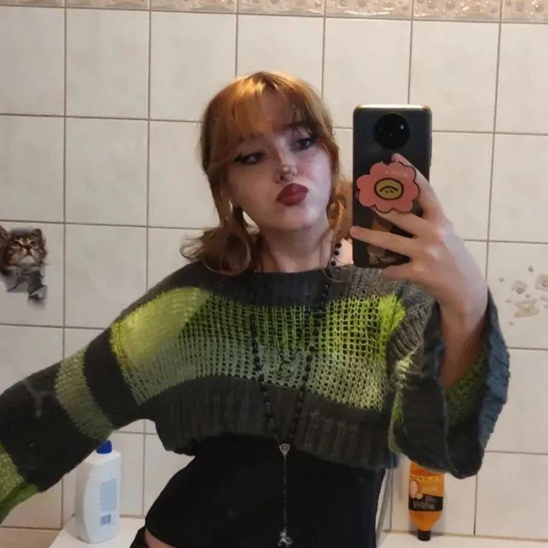 Fairycore Green Striped Knitted Sweaters Y2K Aesthetics Vintage Cropped Jumpers Chic Women Aesthetics Grunge Pullovers Clothes