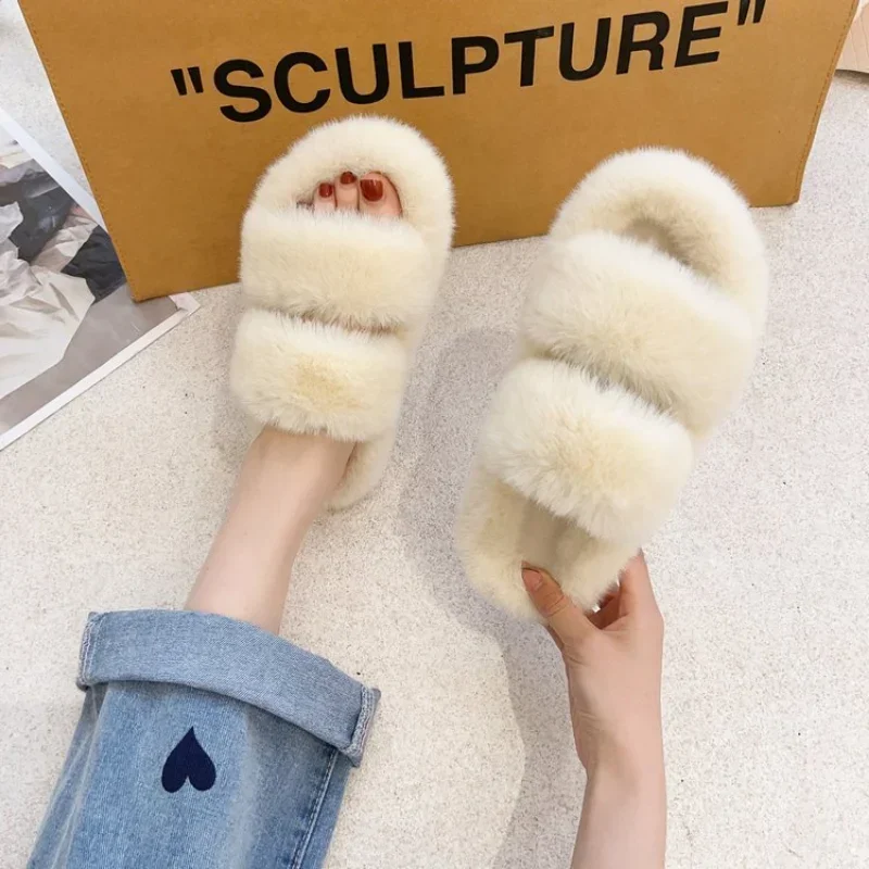 Fashion One Word Thick Fur Slippers Double Fur Slippers Casual Home Cotton Shoes for Women Flat Plush Cross Straps Slippers2024