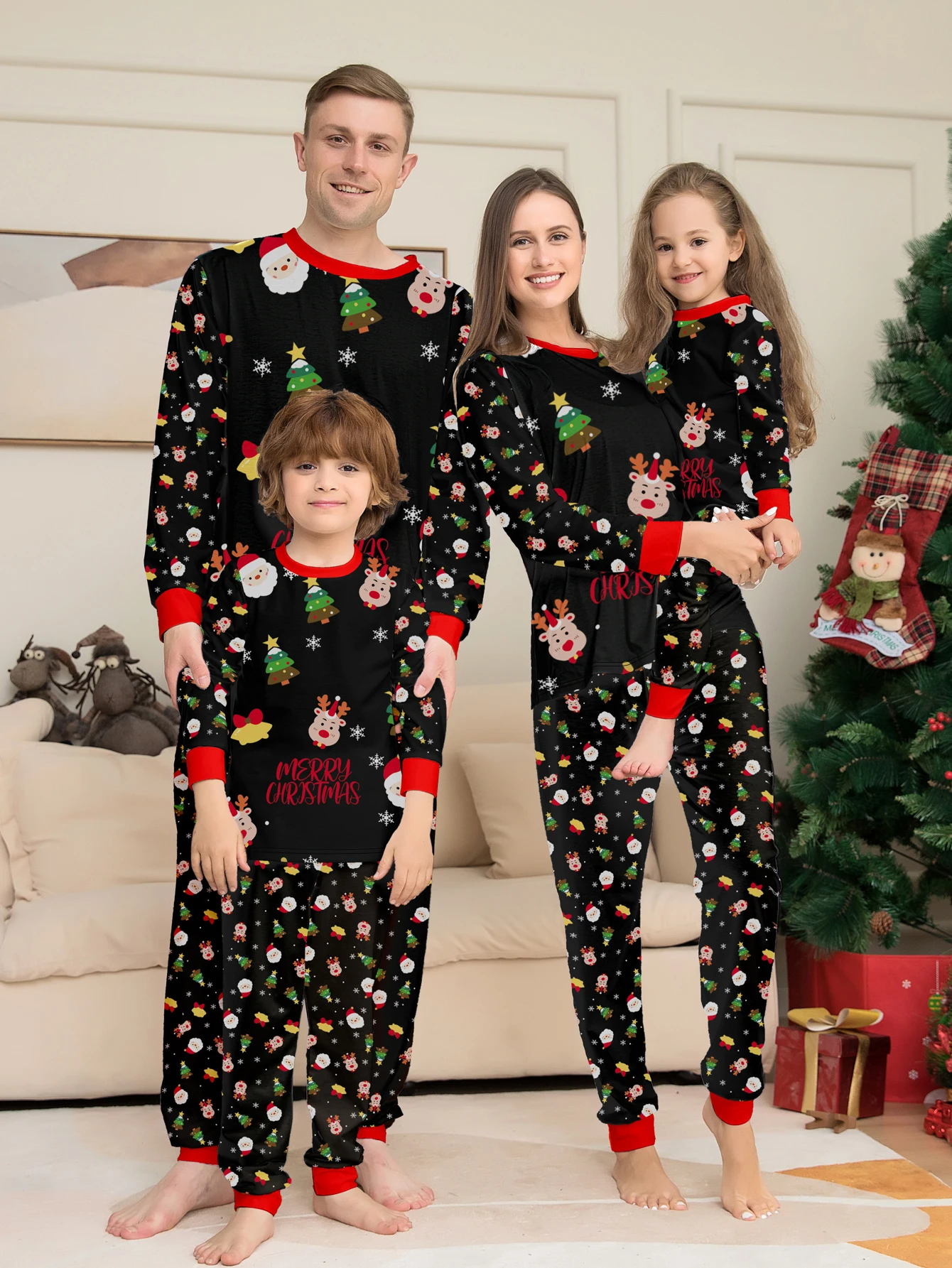 Family Christmas Pajamas Matching Parent-child Sleepwear Black Long Sleeve Santa Reindeer Tree Print Xmas Gift Men Women Kids