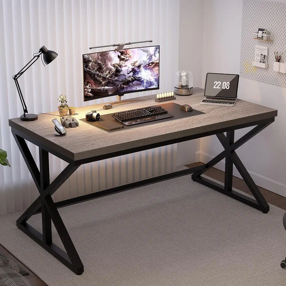 مكتب Gray Oak 47 على طراز المزرعة: محطة عمل واسعة للألعاب والمكتب مع خشب ريفي ومعدن #4