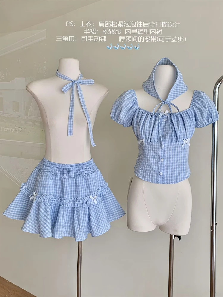 Setelan pakaian wanita dua potong Vintage, setelan wanita dua potong, rok Mini A-Line dan kemeja lengan pendek Harajuku 90s Y2k, set celana elegan 2000s pakaian musim panas