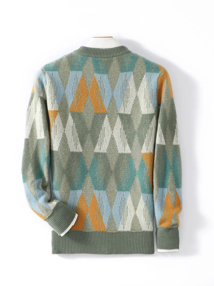 Men's 100% Merino Wool Knitted Sweater Pullover O-neck Vintage Casual Diamond Jacquard Cashmere Autumn Winter Thick Knitwear Top