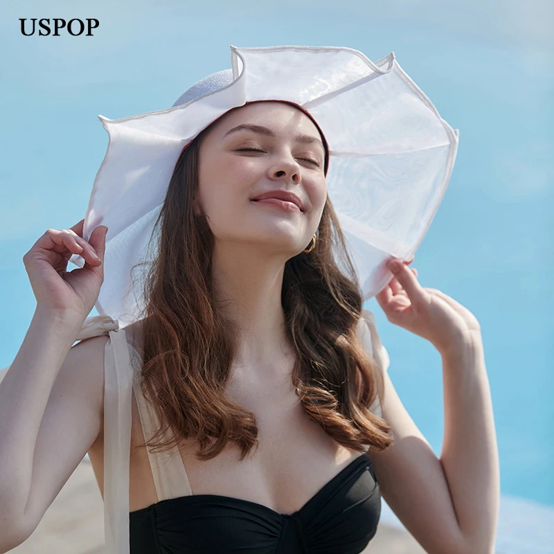 

USPOP 2022 Summer Sun Hats Women Straw Patchwork Wide Brim Beach Hats Breathable Sun Shade