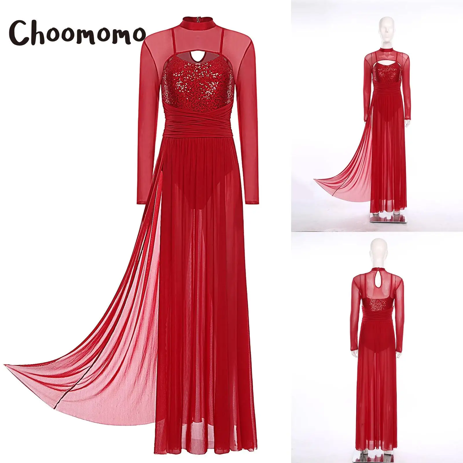 

Women Contemporary Lyrical Dance Dress Sequin Long Sleeve Mesh Tulle Maxi Dress Ballet Gymnastics Modern Skating Dancewear