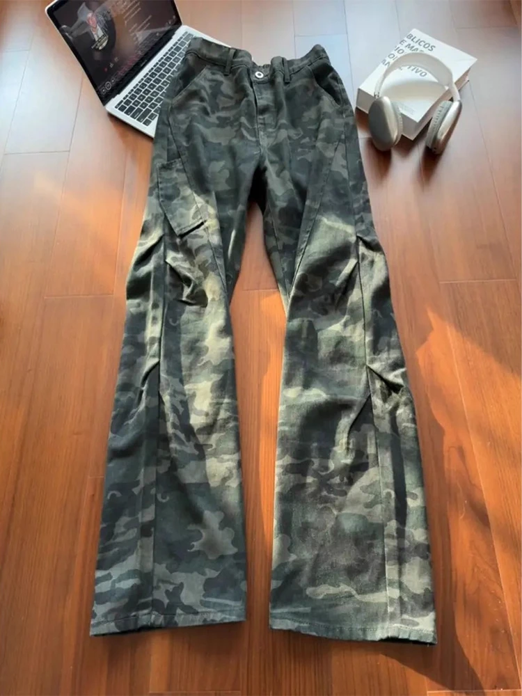 

American Sle Folded Camouflage Workwear Jeans Men's Straight Cut Slanting High Street Vibe Bootcut Pants Autumn Winter